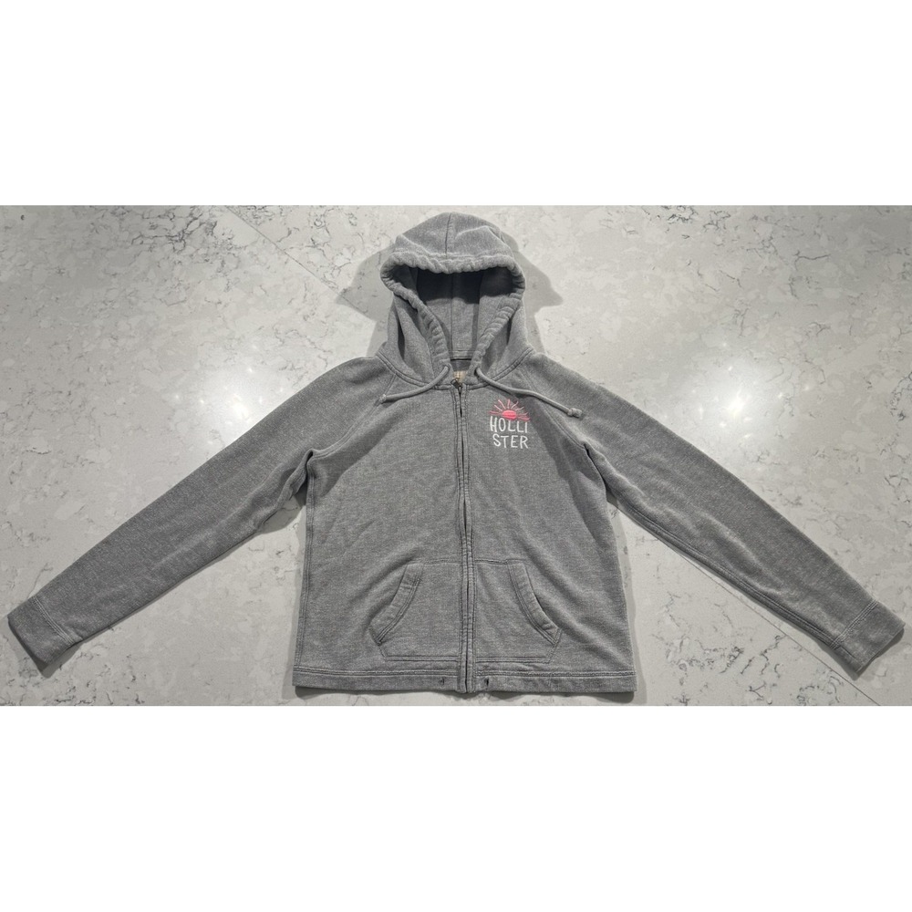 VTG‎ Y2K Hollister Hoodie Womens XS Gray Full Zip Pink Sunset Embroidered Logo